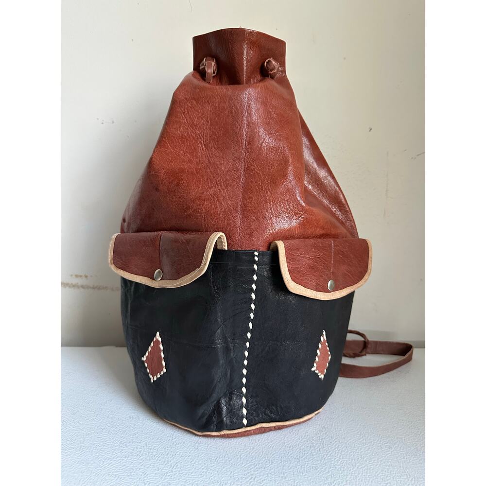 Vintage Moroccan brown and black leather bucket bag handcrafted art